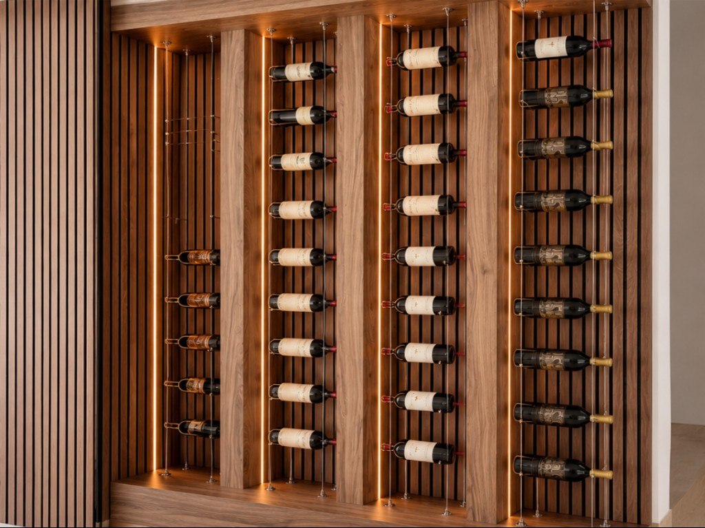 Custom wine wall with dark wood millwork, cable bottle storage, and integrated LED lighting