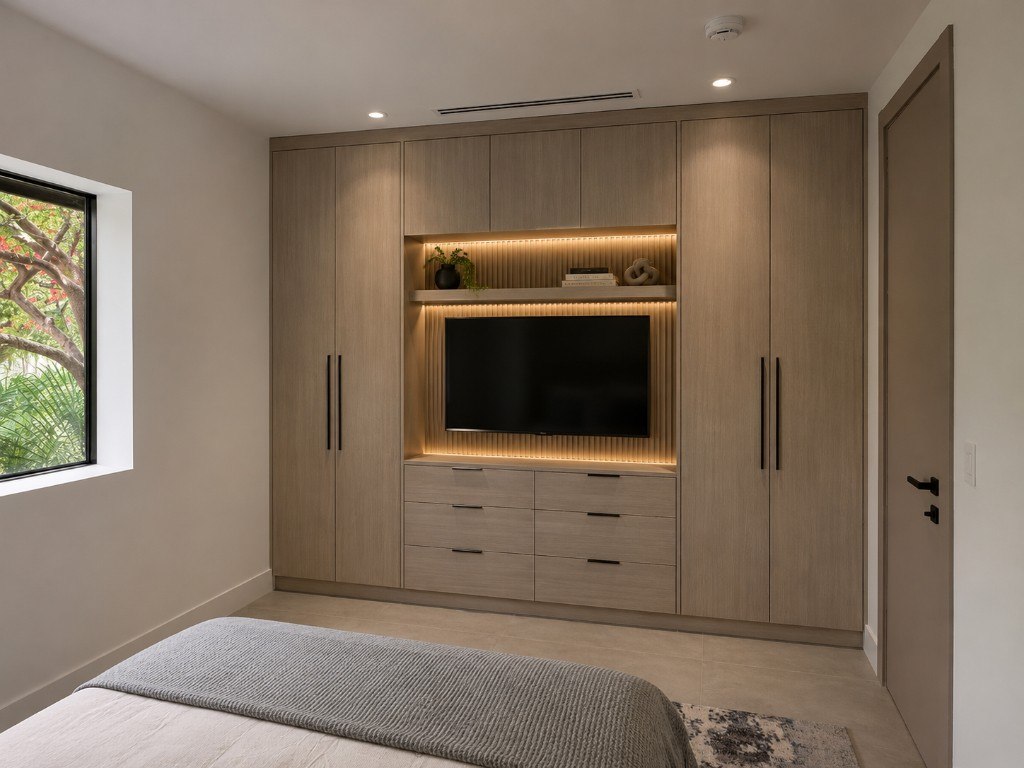 Custom bedroom wall unit with integrated wardrobe, dresser, and media niche