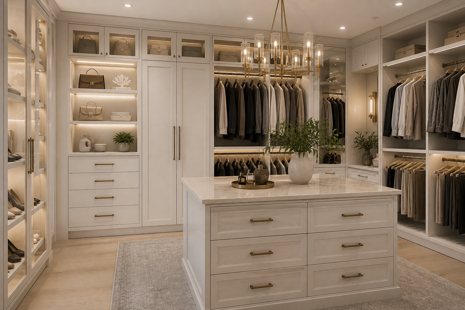 Luxury walk-in closet with custom cabinetry and integrated lighting
