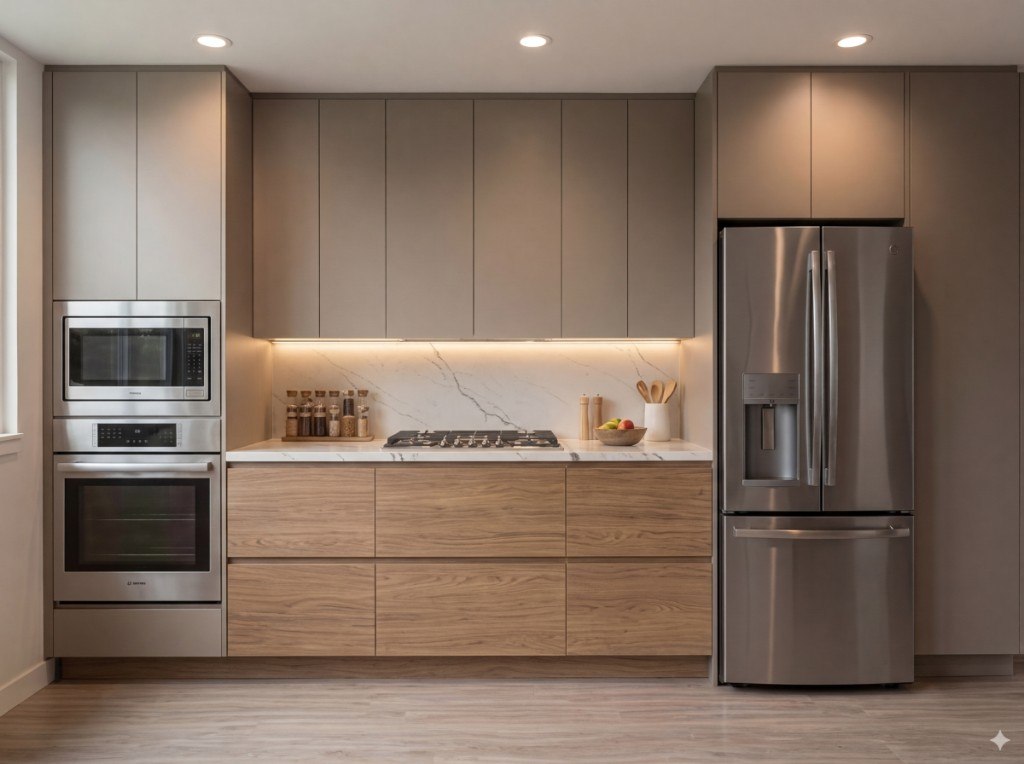 Custom kitchen cabinetry with oak drawers, marble backsplash, and integrated appliances