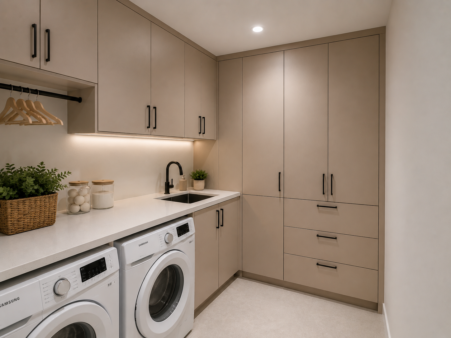 Custom laundry room cabinetry with washer, dryer, sink, and storage